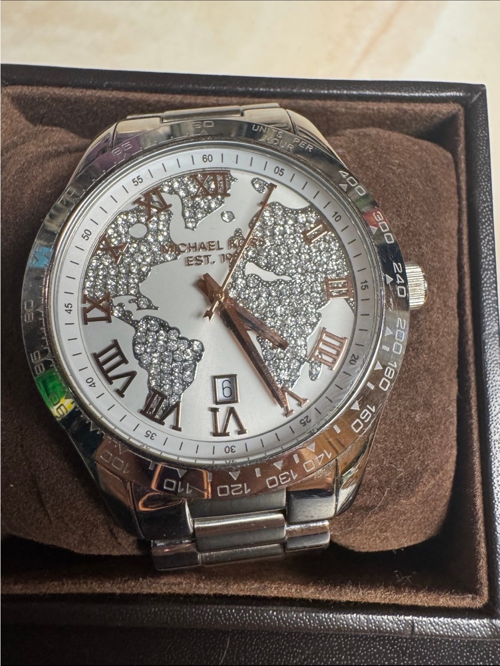 Michael Kors Silver and Rose Gold Men’s World Map Crystal Bracelet Watch